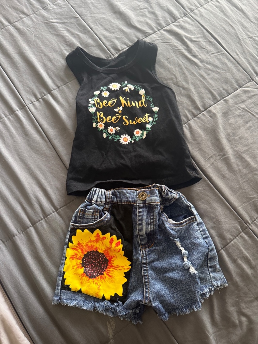 Black Tank with Floral 'Bee Kind Bee Sweet' + Denim Shorts with Sunflower